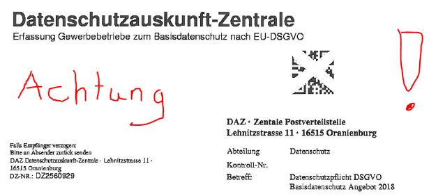 Dreister Abzockversuch: Deutsche Datenschutzzentrale aus Oranienburg, Lehnitzstraße